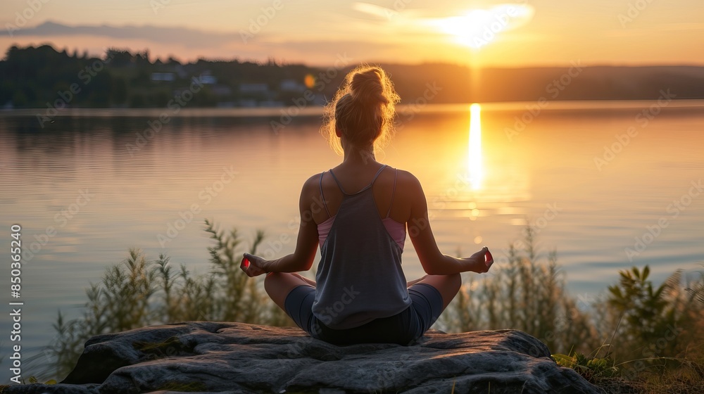 A woman sitting cross-legged on a rock by a lake, meditating at sunset. The sun is setting over the water, casting a warm glow. The scene is peaceful and serene. A woman sitting cross-legged on a rock by a lake, meditating at sunset. The sun is setting over the water, casting a warm glow. The scene is peaceful and serene.