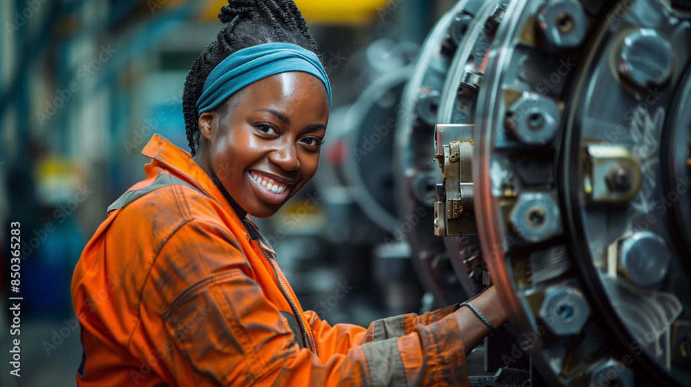 A Black woman working in the mechanical industry at a factory. Concept of Labor Day, Women's Day, gender equality, female empowerment, and training. A Black woman working in the mechanical industry at a factory. Concept of Labor Day, Women's Day, gender equality, female empowerment, and training.