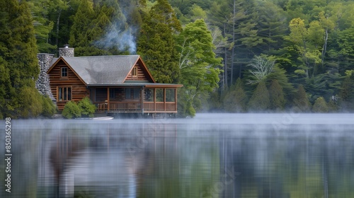 A peaceful lakeside cabin with a smoking chimney evokes coziness and escape—perfect for relaxing. © klss777