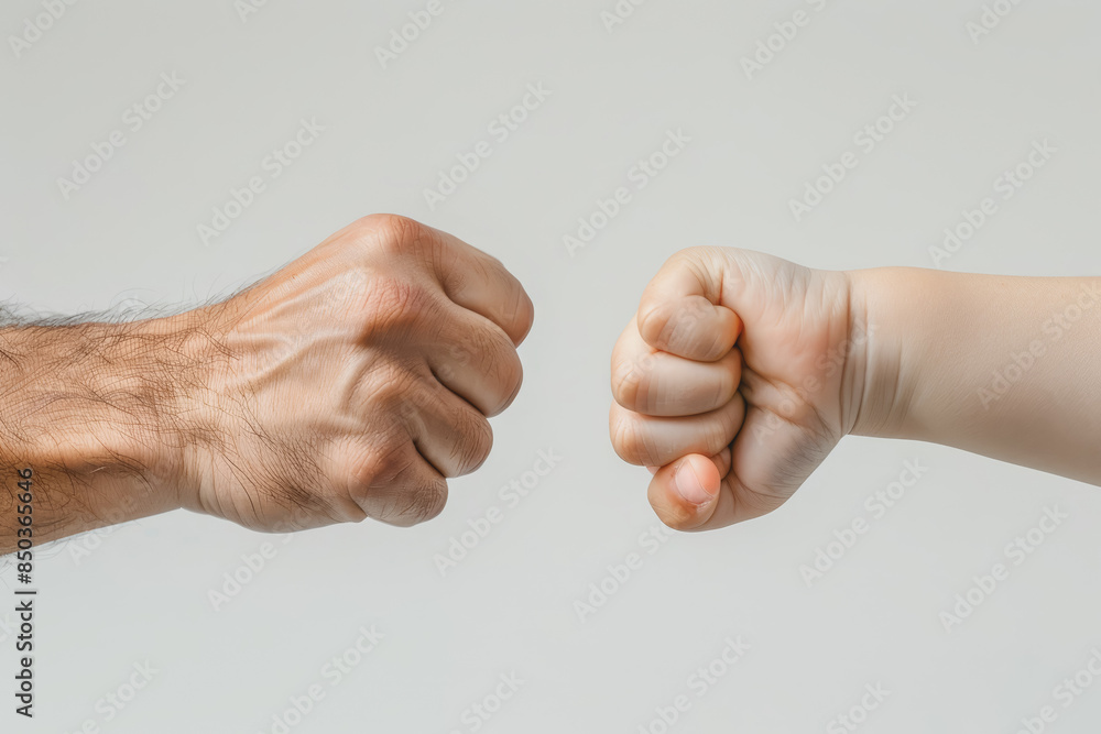 Fists touch each other between an adult fist and a baby fist. White background. Photography. Fists touch each other between an adult fist and a baby fist. White background. Photography.