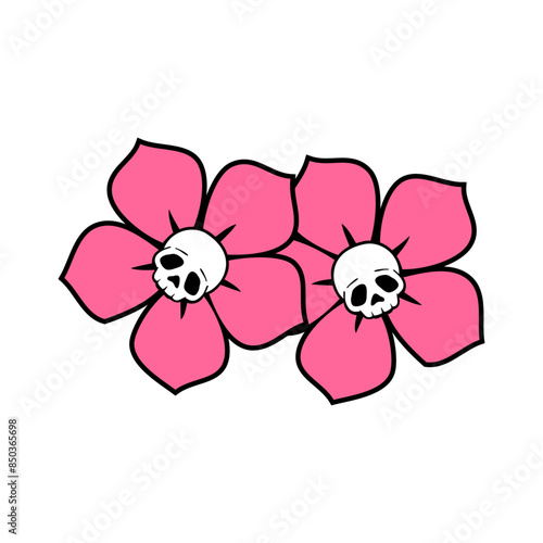 Logo de calavera humana en el medio de 2 flores para invitaciones y tarjetas de Halloween