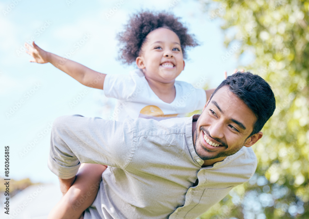 Father, piggyback and daughter playing plane outdoor with happiness for summer or holiday as family. Man, girl and smile at park with fun for freedom, love and bonding together with flying game Father, piggyback and daughter playing plane outdoor with happiness for summer or holiday as family. Man, girl and smile at park with fun for freedom, love and bonding together with flying game