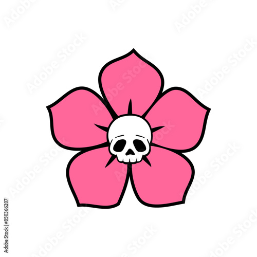 Logo de calavera humana en el medio de una flor para invitaciones y tarjetas de Halloween