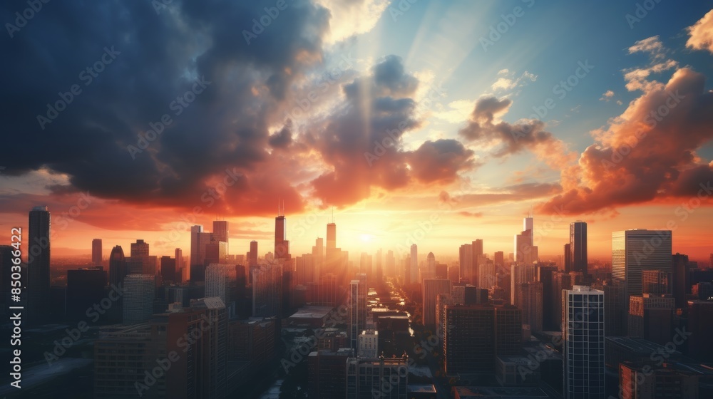 Fototapeta premium bustling city skyline, with towering skyscrapers piercing the clouds and a vibrant sunset illuminating the urban landscape.