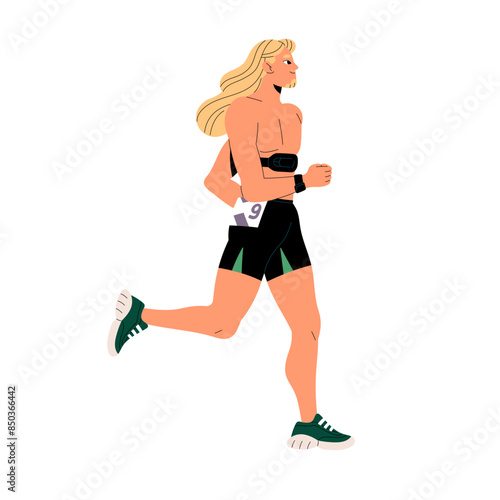 Jogger with chest strap heart rate monitor does cardio training, running. Runner with pulse meter in smart watch jogging. Professional athlete does sports workout. Flat isolated vector illustration