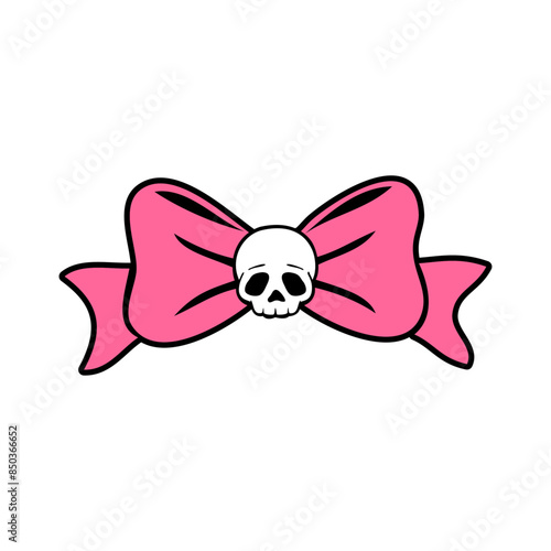Logo de calavera humana en el medio de un nudo de lazo para invitaciones y tarjetas de Halloween