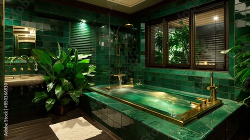 Wallpaper Mural A luxurious emerald green washroom with emerald tiles, gold fixtures, and dark wood elements; a large, freestanding tub and lush greenery create a spa-like retreat. Torontodigital.ca