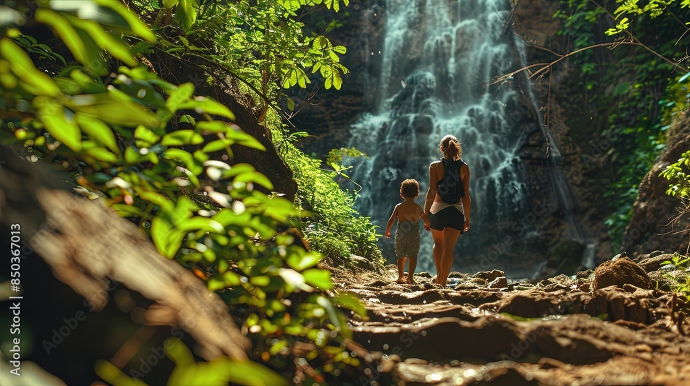 Scene is peaceful and serene, as the family enjoys their time together in nature, waterfall mountain. Scene is peaceful and serene, as the family enjoys their time together in nature, waterfall mountain.