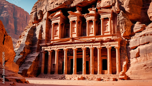 Enchanting portrayal of Petra's Treasury carved into rose-red cliffs, capturing Nabatean craftsmanship and desert allure, Generative AI photo