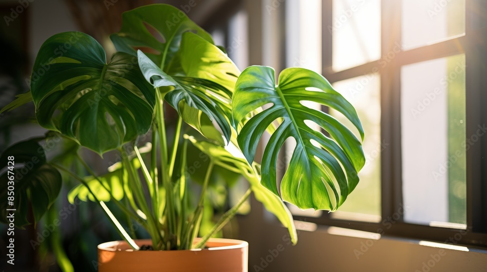 Obraz premium Monstera deliciosa houseplant with its iconic fenestrations, bathed in warm sunlight filtering through a window.