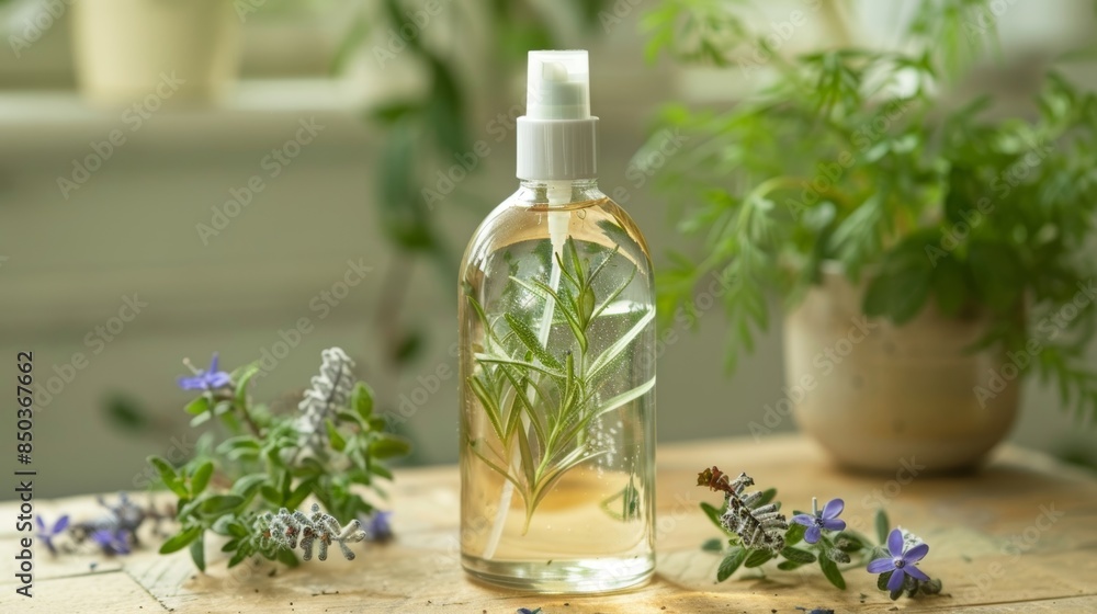 A small glass spray bottle filled with a clear liquid made from natural oils and herbs. A small glass spray bottle filled with a clear liquid made from natural oils and herbs.