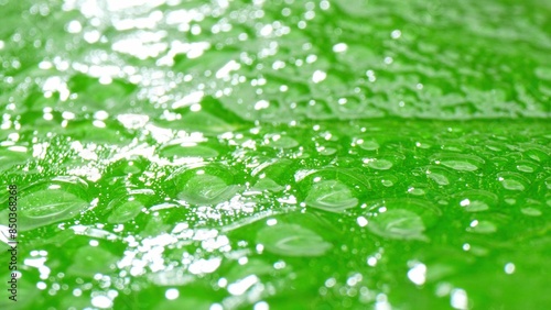 Intricate details of a dew-kissed leaf; water droplets dance, reflecting light, unveiling the leaf's lush texture. A vivid portrait of nature's rejuvenating embrace. Green leaf background. 