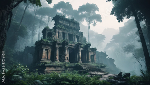 Ancient ruins cloaked in mist, echoing the stories of forgotten civilizations, in the deep jungle, Generative AI