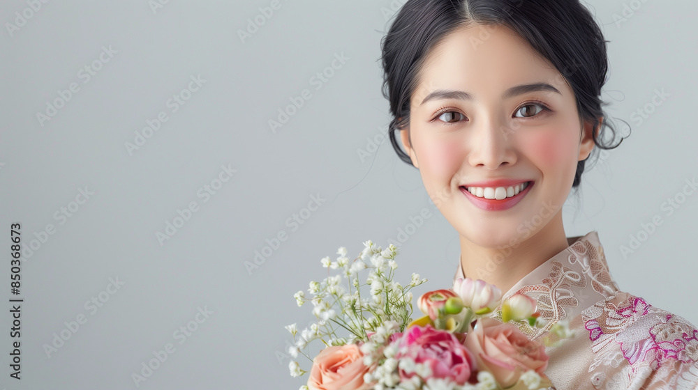 A smiling Asian woman dressed in an elegant traditional outfit holds a delicate bouquet of flowers, exuding grace and joy. A smiling Asian woman dressed in an elegant traditional outfit holds a delicate bouquet of flowers, exuding grace and joy.