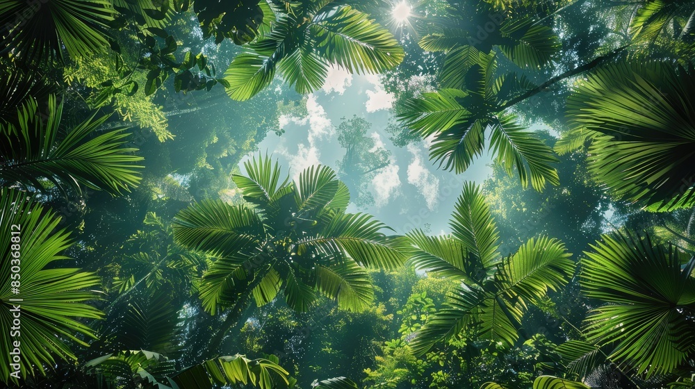 Obraz premium Amazon canopy. Variations of foliage. low angle view. Generative AI.