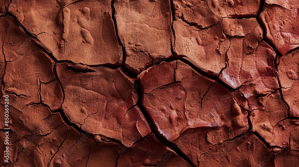 Fototapeta premium Extreme close-up of a cracked terra cotta surface, rough texture, deep red, diffused light. 