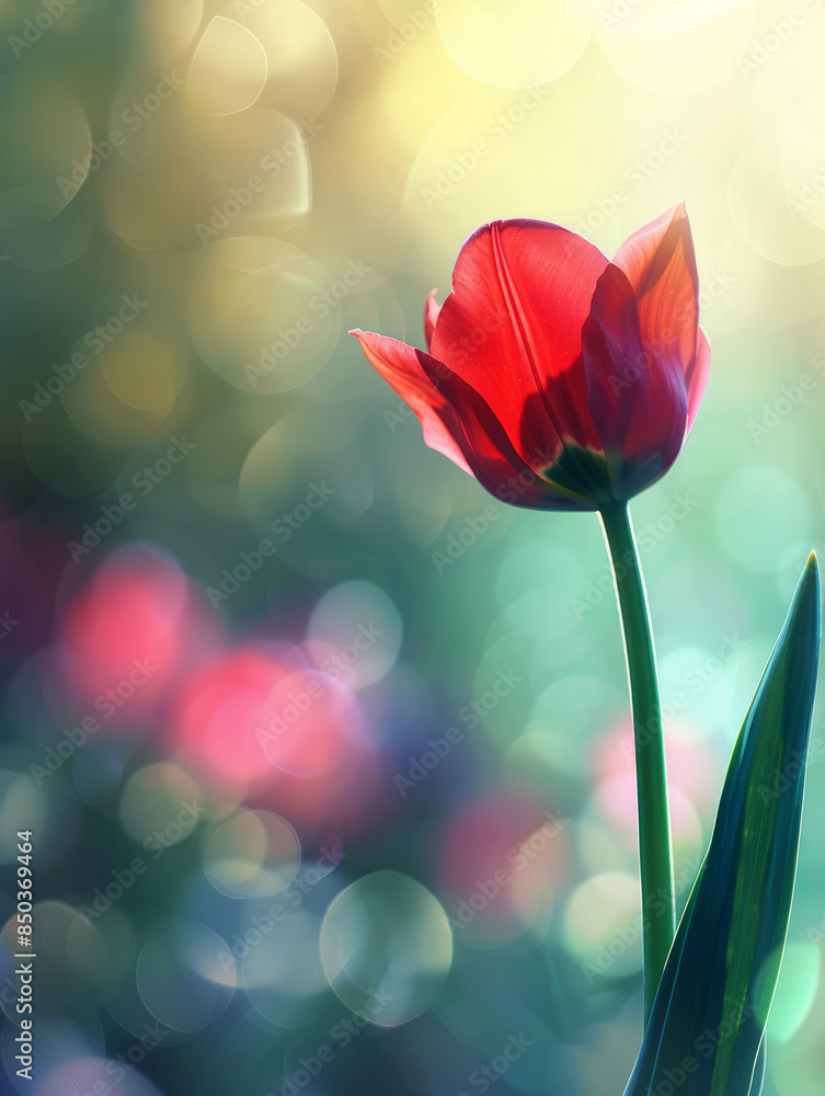 Obraz premium Beautiful red tulip flower with blur copy space for spring season 