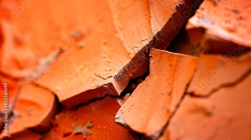 Macro shot of a broken terra cotta piece, jagged edges, deep orange, high resolution.