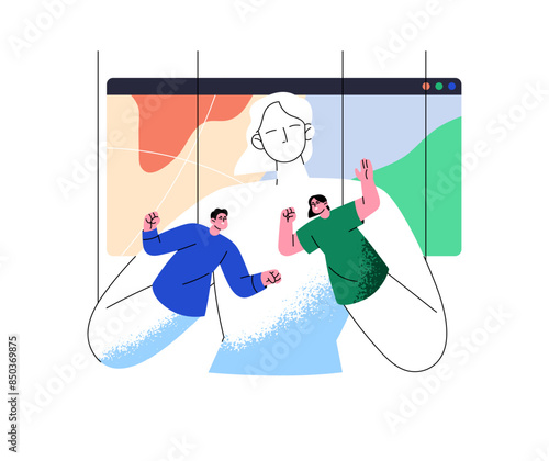 Hidden manipulation of people in internet. Puppeteer controls marionettes, slaves. Abuse, influence on quarrel of puppets. Propaganda concept. Flat isolated vector illustration on white background