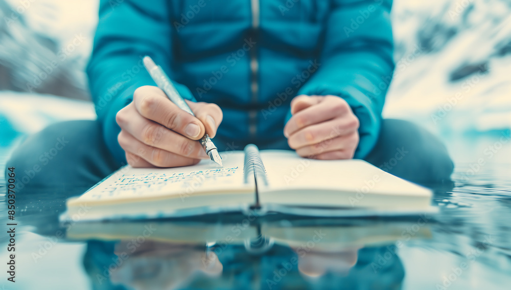 Personne écrivant dans son journal au bord d'un lac glacé Personne écrivant dans son journal au bord d'un lac glacé