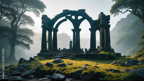 Captivating painting of Celtic ruins veiled by mist in lush British Isles, invoking ancient druidic lore and mystical realms, Generative AI photo