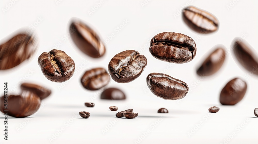 Fototapeta premium Coffee beans floating isolated on white background. Generative AI.