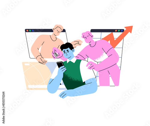 Financial manipulation, control concept. Lack of money influences on depressed people. Unhappy person with problems feels social pressure. Flat isolated vector illustration on white background