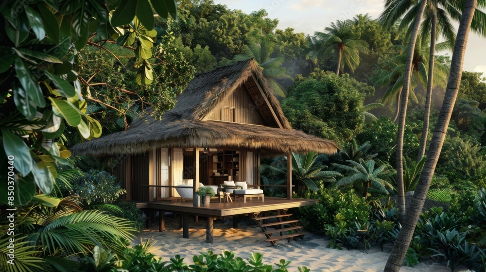 A beach bungalow surrounded by lush greenery and steps away from a secluded beach cove A beach bungalow surrounded by lush greenery and steps away from a secluded beach cove