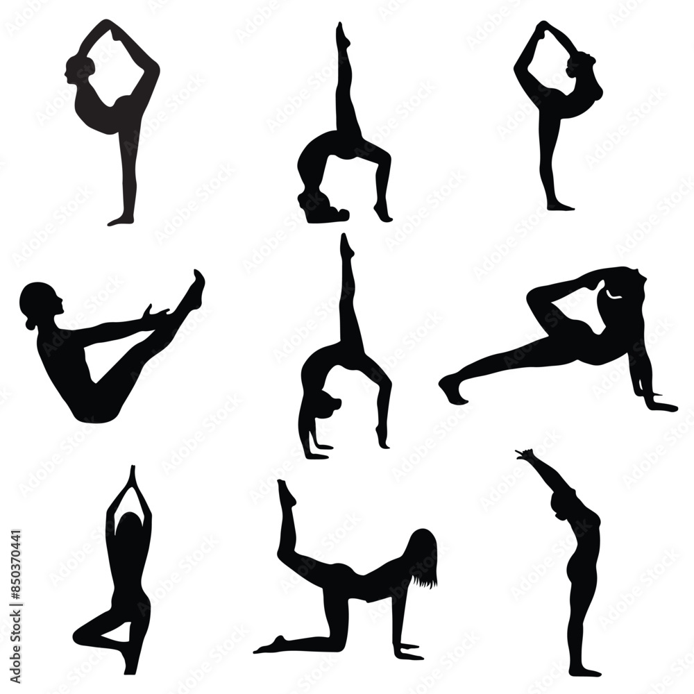 Fototapeta premium Vector women various yoga poses silhouettes vector pack