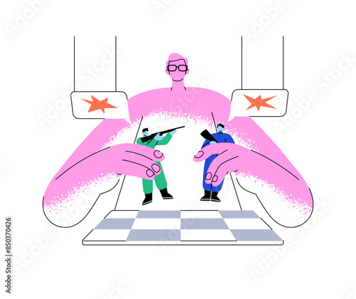 Political manipulation in war, armed conflicts. Dictator, boss influences on slave people. Military leader controls marionettes, puppets. Flat isolated vector illustration on white background