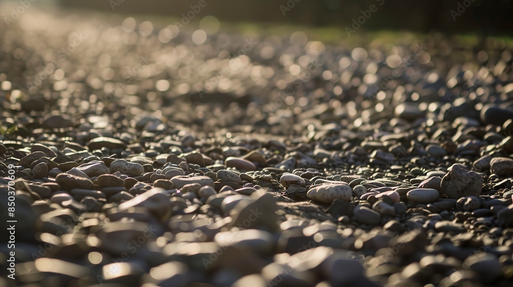 Close-up of gravel path, mixed sizes, light and dark stones, diffused morning light. Close-up of gravel path, mixed sizes, light and dark stones, diffused morning light.