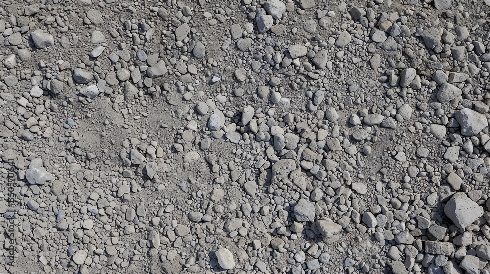 Close-up of driveway gravel, uniform size, dusty gray, overcast light. Close-up of driveway gravel, uniform size, dusty gray, overcast light.