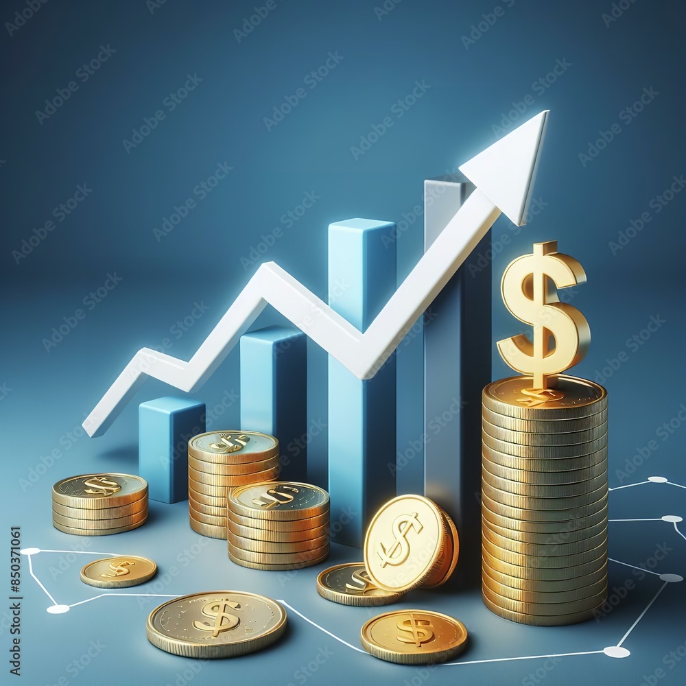Dollar Coin with Upward Arrow and Graph | Financial Growth Concept | high resolution image of 300 DPI | Investment Success Image - Dollar Coin & Growth Chart | Dollar Coin with Graph Stock Market