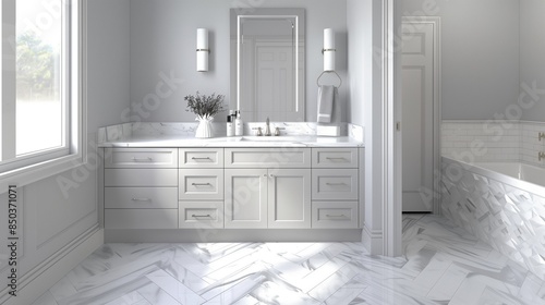 A serene washroom with a light gray floating vanity, white marble countertop, and soft gray walls. The floor is covered in white herringbone tiles, and the fixtures are brushed nickel. 