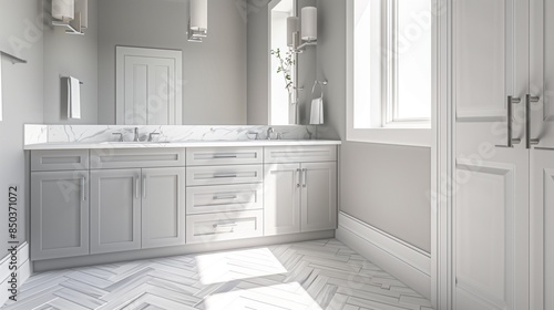 A serene washroom with a light gray floating vanity, white marble countertop, and soft gray walls. The floor is covered in white herringbone tiles, and the fixtures are brushed nickel.