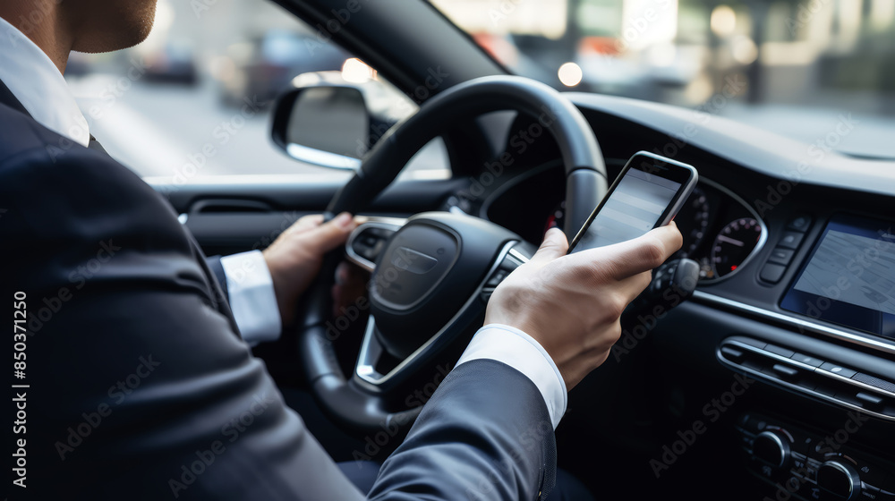 businessman sitting and driving a car using mobile and smartphone to text and call . businessman sitting and driving a car using mobile and smartphone to text and call .