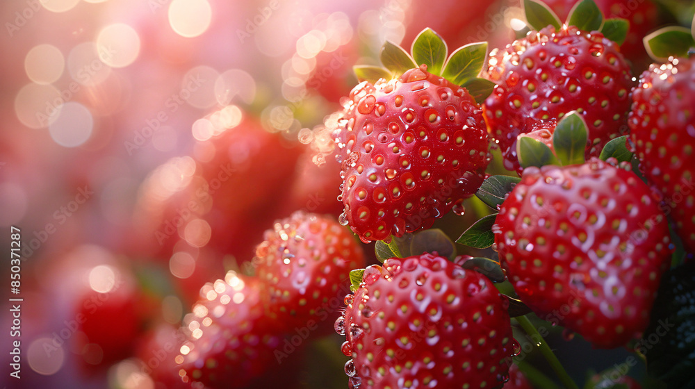 A cluster of ripe strawberries with bright red skin and green caps are bathed in the warm light of a cinematic sunrise against a soft pink background.
