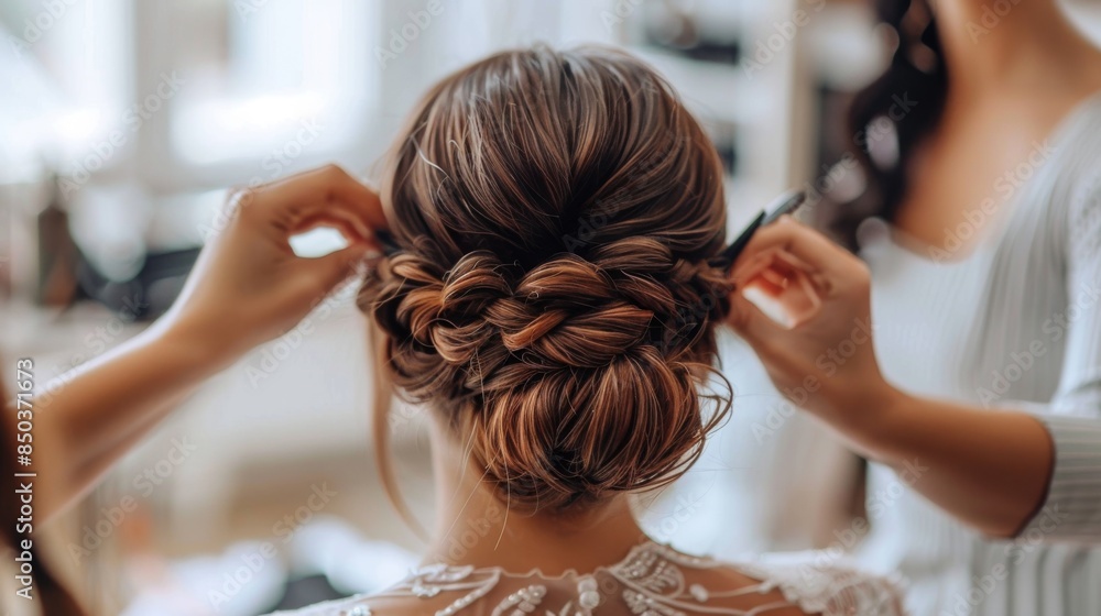 Naklejka premium A bride getting her hair styled by a professional hairstylist on her wedding day, adding bridal accessories