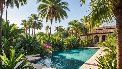 Swimming pool on a tropical beach with palm trees photo