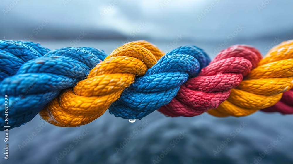 Multiple colours of thick rope symbolize strength unity and teamwork
Multiple colours of thick rope symbolize strength unity and teamwork