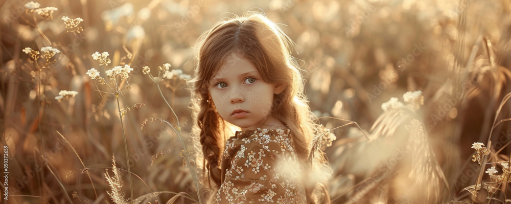 photo of a young girl with brown hair and dressed in a long dress of flowers, she's standing in field of long grass in springtime, afternoon low sun volumetric cinematic light photo of a young girl with brown hair and dressed in a long dress of flowers, she's standing in field of long grass in springtime, afternoon low sun volumetric cinematic light