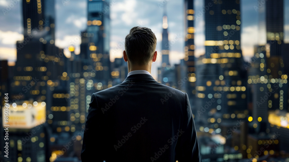 Fototapeta premium Businessman Overlooking City Skyline at Dusk. Dynamic urban atmosphere, ambition, success concept