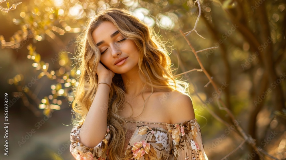 Serene young woman enjoying golden hour in nature
