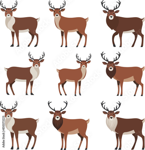 Cute deer with antlers, vector illustration set. Standing, jumping and grazing. Cartoon flat style