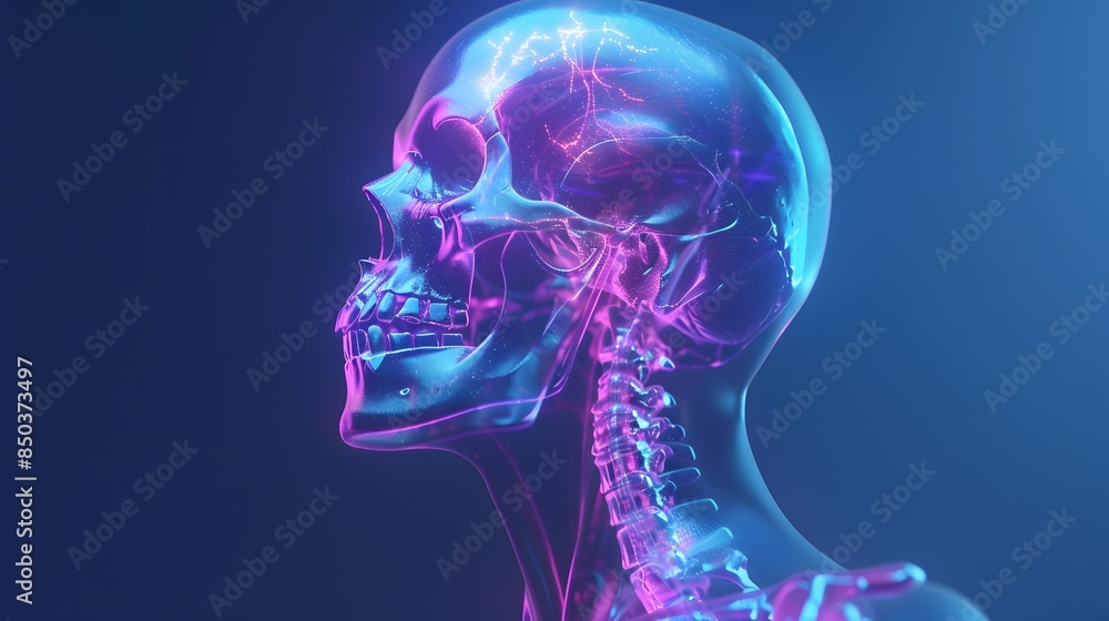 Futuristic Digital Illustration of a Human Skull with Neon Lights and Glowing Neural Pathways Futuristic Digital Illustration of a Human Skull with Neon Lights and Glowing Neural Pathways