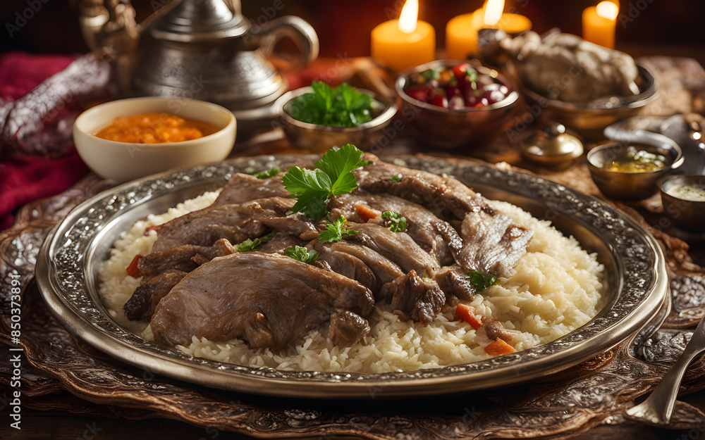Jordanian mansaf, lamb, fermented yogurt, rice, flatbread Stock Photo ...