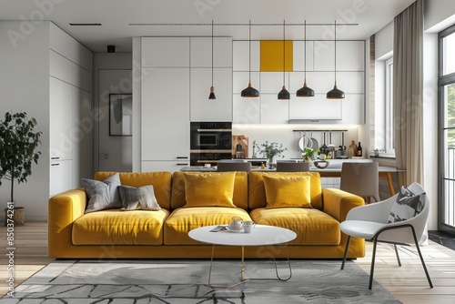 Modern living room with yellow sofa, stylish dining room chairs, and kitchen furniture. Fresh design in apartment with white wall