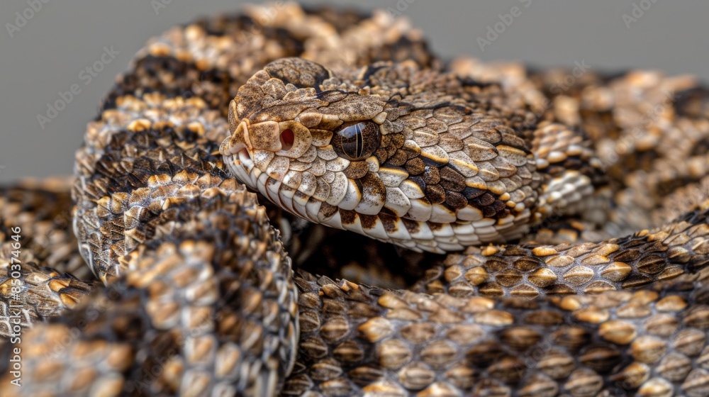 Close-up portrait of a coiled rattlesnake with intricate scales Close-up portrait of a coiled rattlesnake with intricate scales