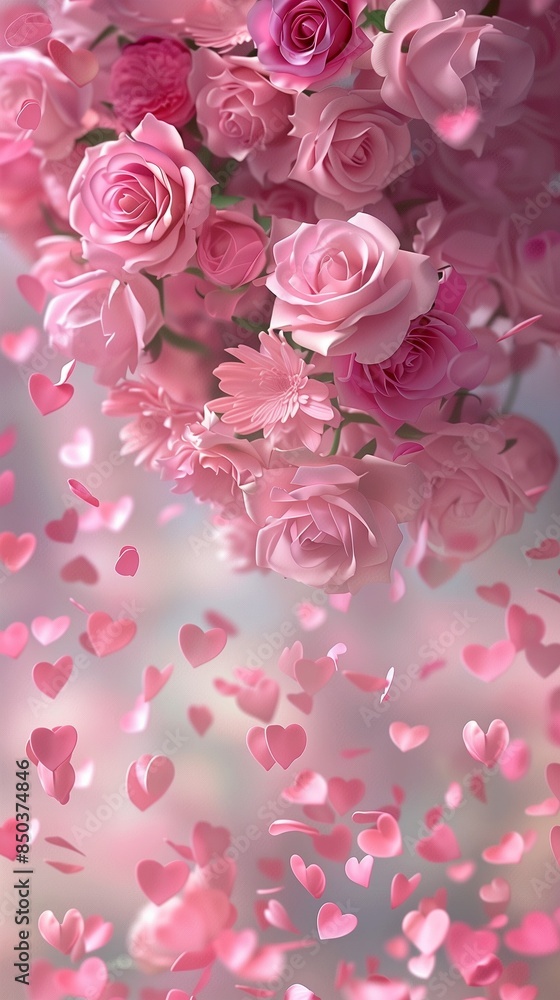 Cascade of pink roses with heart-shaped petals falling gently. Vertical background Cascade of pink roses with heart-shaped petals falling gently. Vertical background