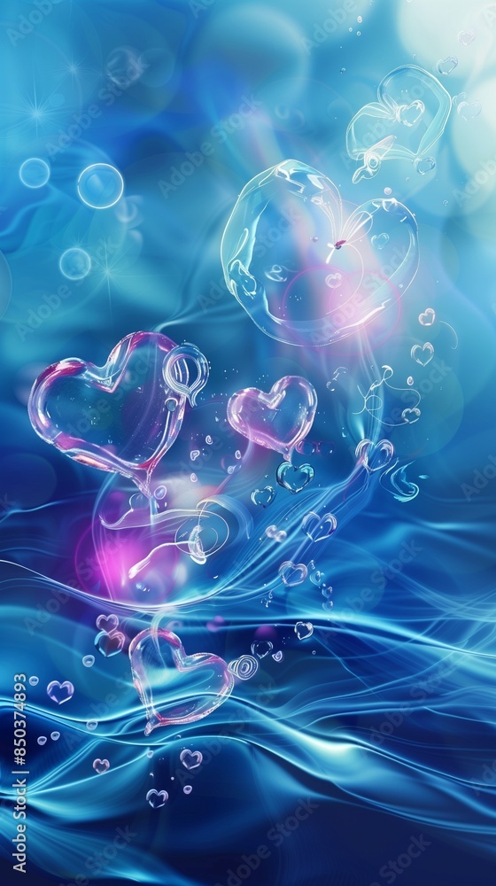 Obraz premium Abstract vertical background with gentle waves and soap bubble heart shapes in deep blue and pink colors